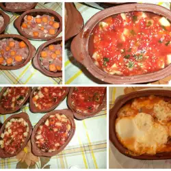 Earthenware Dishes with Meat, Potatoes and Tomatoes