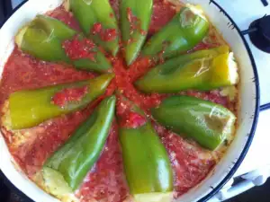 Stuffed Peppers with Eggs, Feta Cheese and Tomato Sauce