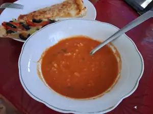 Tomato Soup with Feta Cheese and Onions