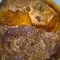 Pork Neck Steaks with Mushrooms in Glass Cook Pot